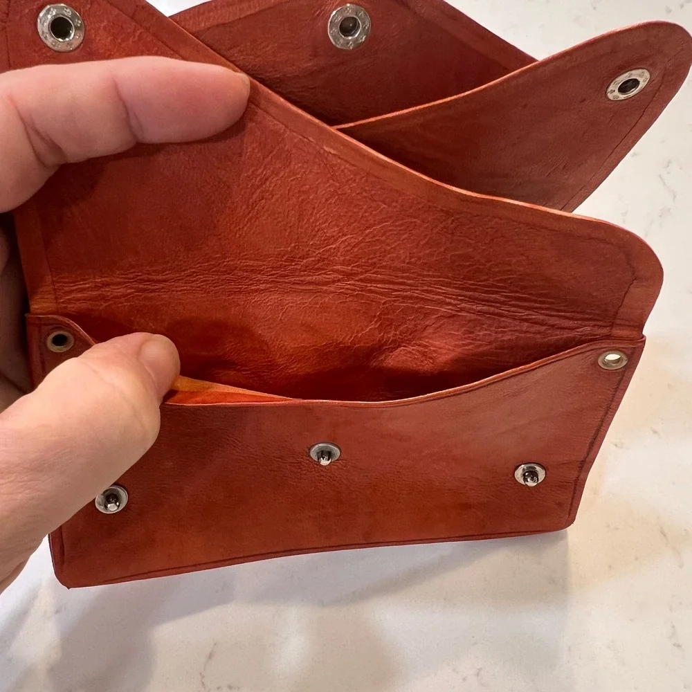 Vintage Burnt Orange Leather Envelope Clutch Triple Snap Hand Made Wallet